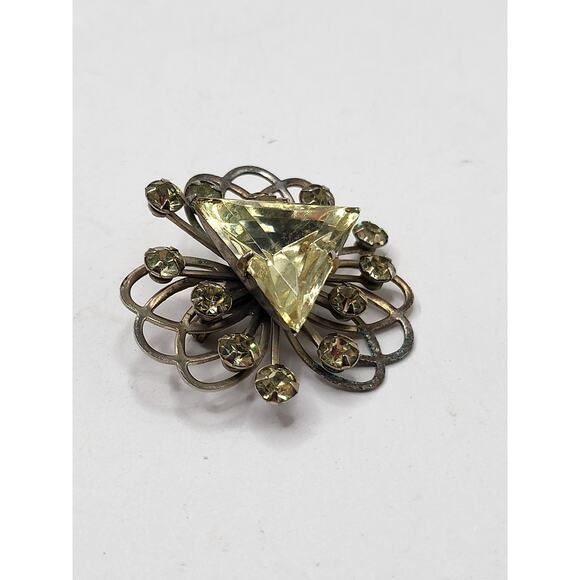 Vintage Yellow Triangle Rhinestone Brooch Mid Century Wearable Jewelry - Picture 3 of 11
